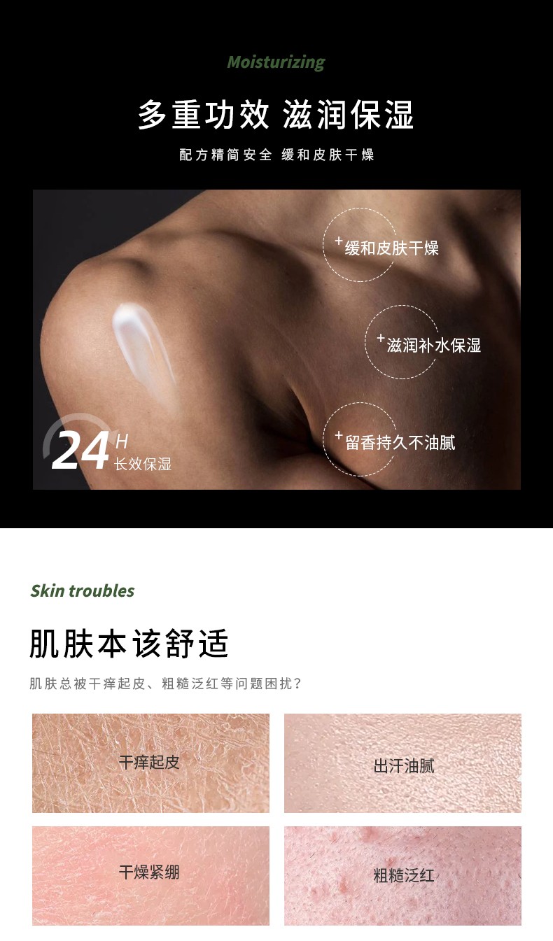 多重功效 滋潤保濕，配方精簡安全緩和皮膚干燥，滋潤補(bǔ)水保濕，24小時長效保濕，細(xì)膩溫和不刺激，留香持久不油膩