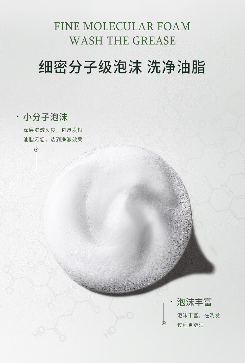 細分子級泡沫洗凈油脂，其小分子泡沫特性能夠深入毛孔，泡沫豐富且豐盈，實現深層清潔，讓肌膚清爽無負擔。